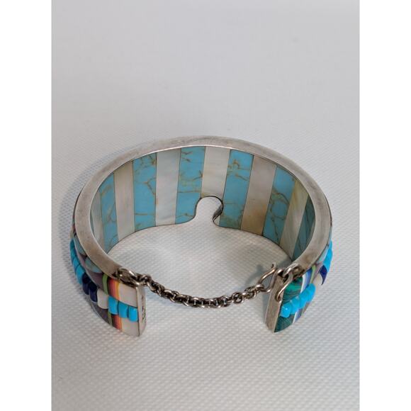 RR Sterling Silver Navajo Inlay Bracelet Multicolored Bear Space Tribal Cuff 925 - Picture 6 of 8